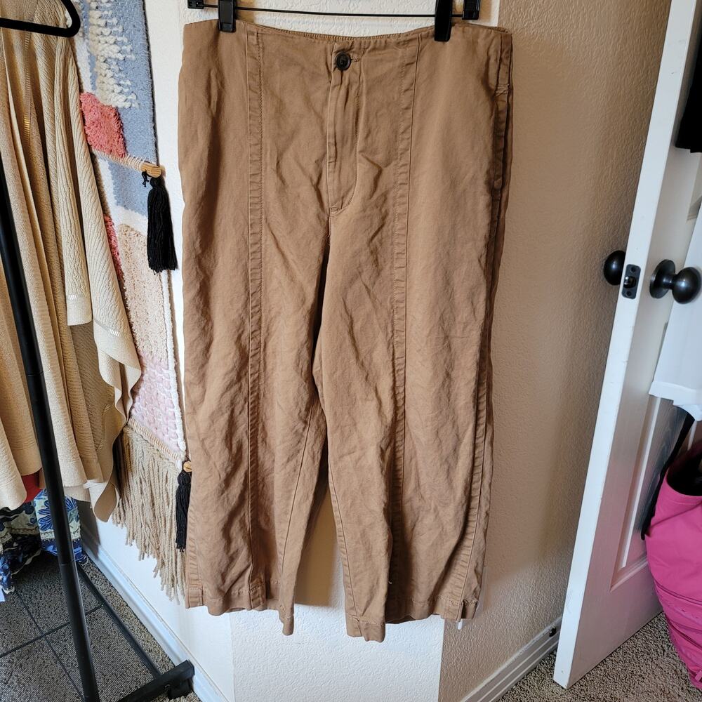 LOFT Linen Blend Wide Leg Cropped Pants in Deep Tan, sz 12